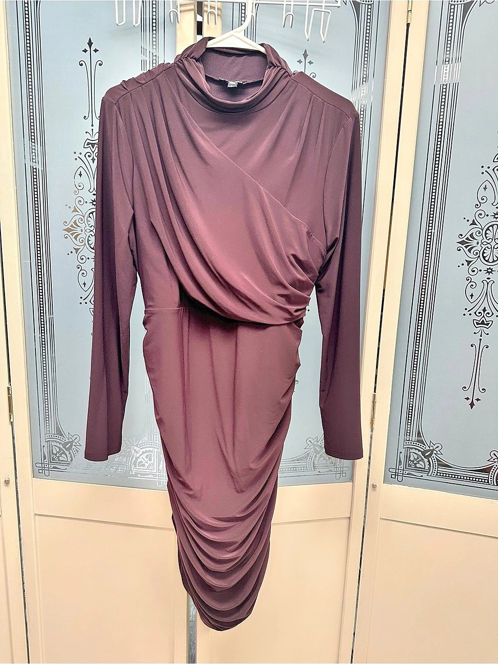 EXPRESS Mock Neck Long Sleeve Draped Mini Dress Draped Ruched Midi Dress Purple